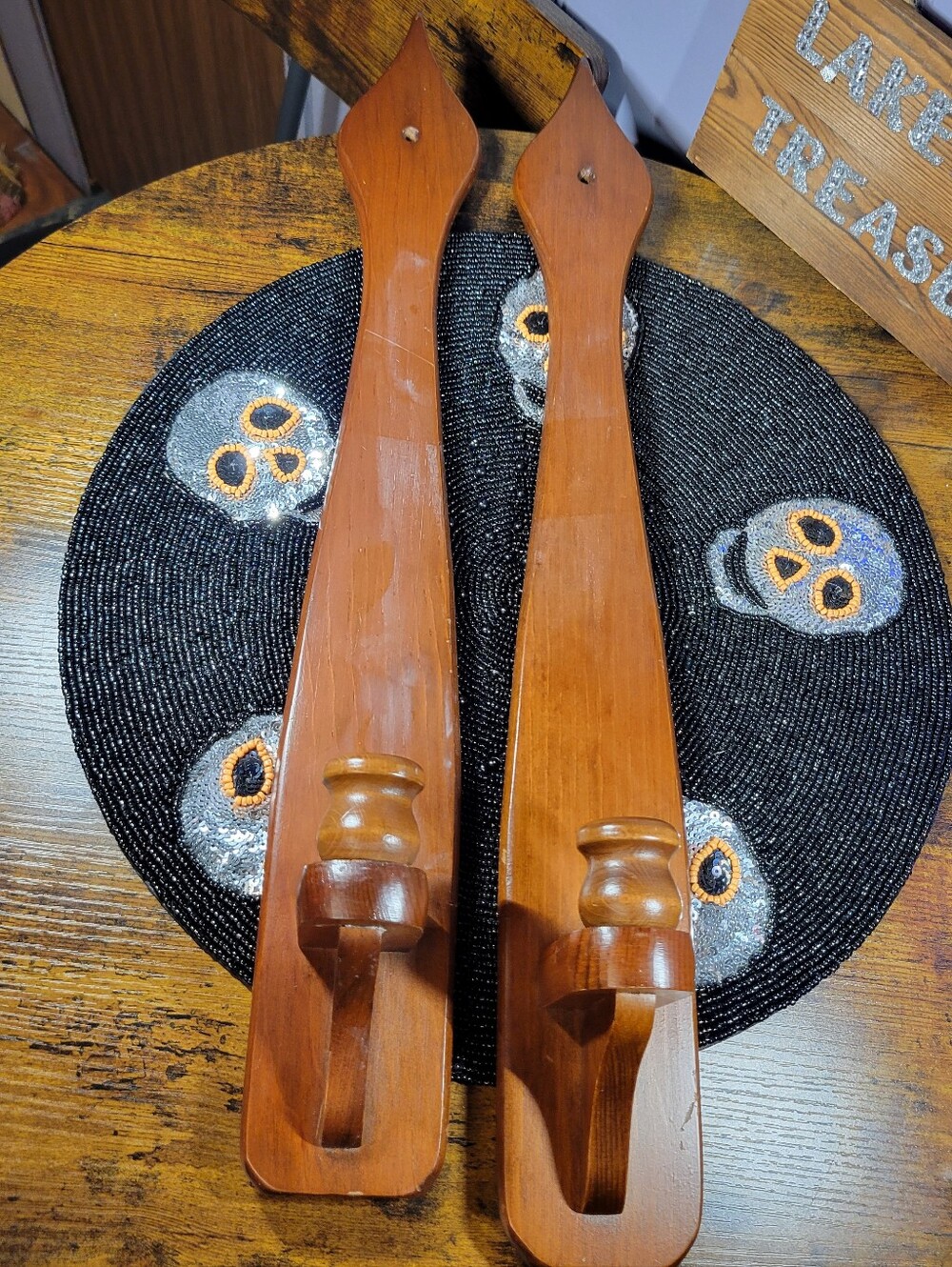 Primitive vintage handcrafted Amish 22 in lot of 2 wood candle sconces-brown